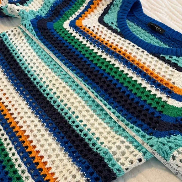 Tribal Multi-Color Striped Sweater 3/4 Sleeves Open Weave Like New Size Large - Picture 9 of 11